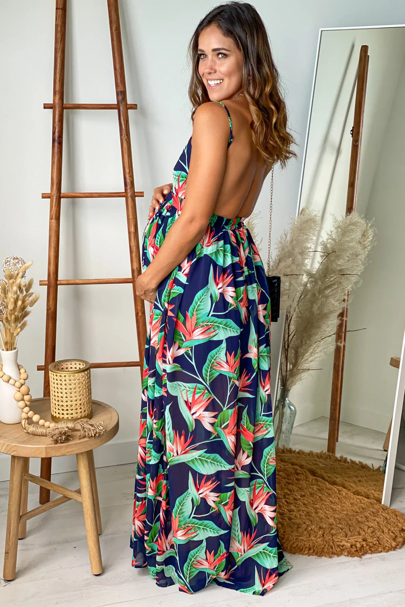 Navy Printed Open Back Maternity Maxi Dress