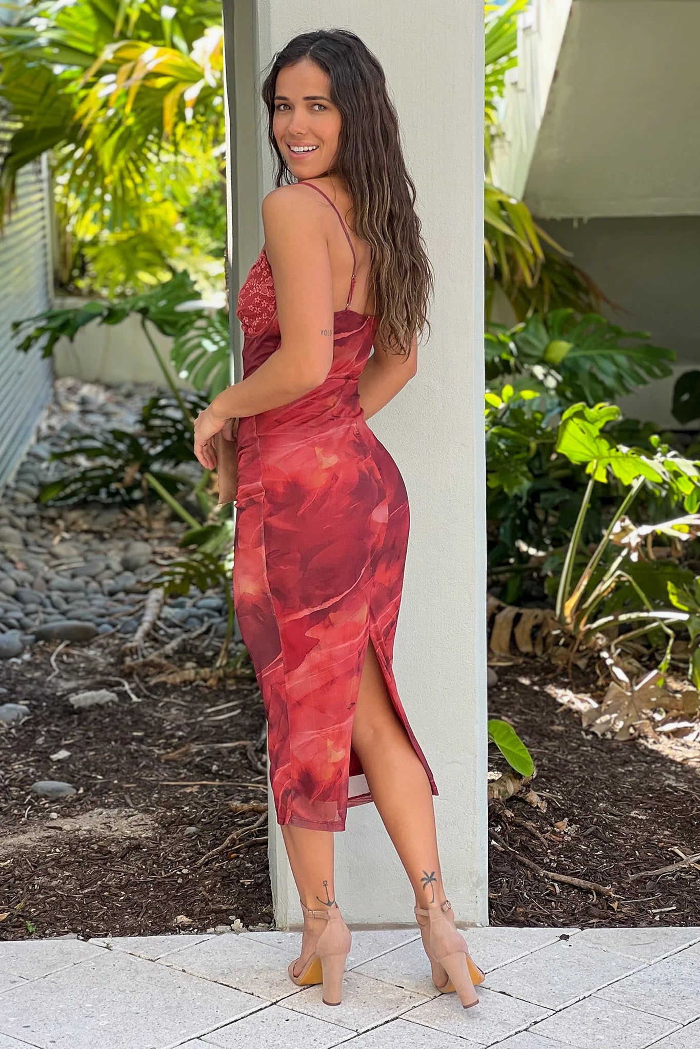 Red Lace Bust Mesh Midi Dress