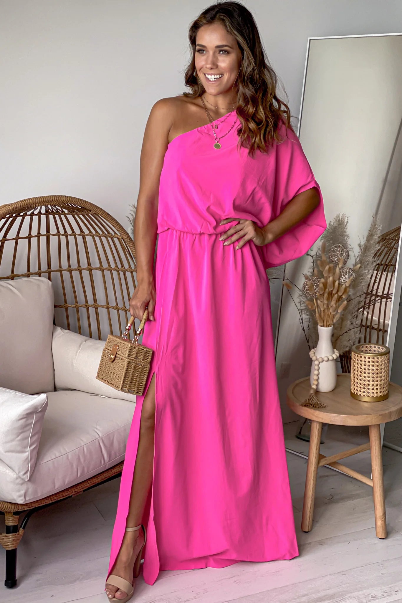 Fuchsia One Shoulder 3 4 Sleeves Maxi Dress