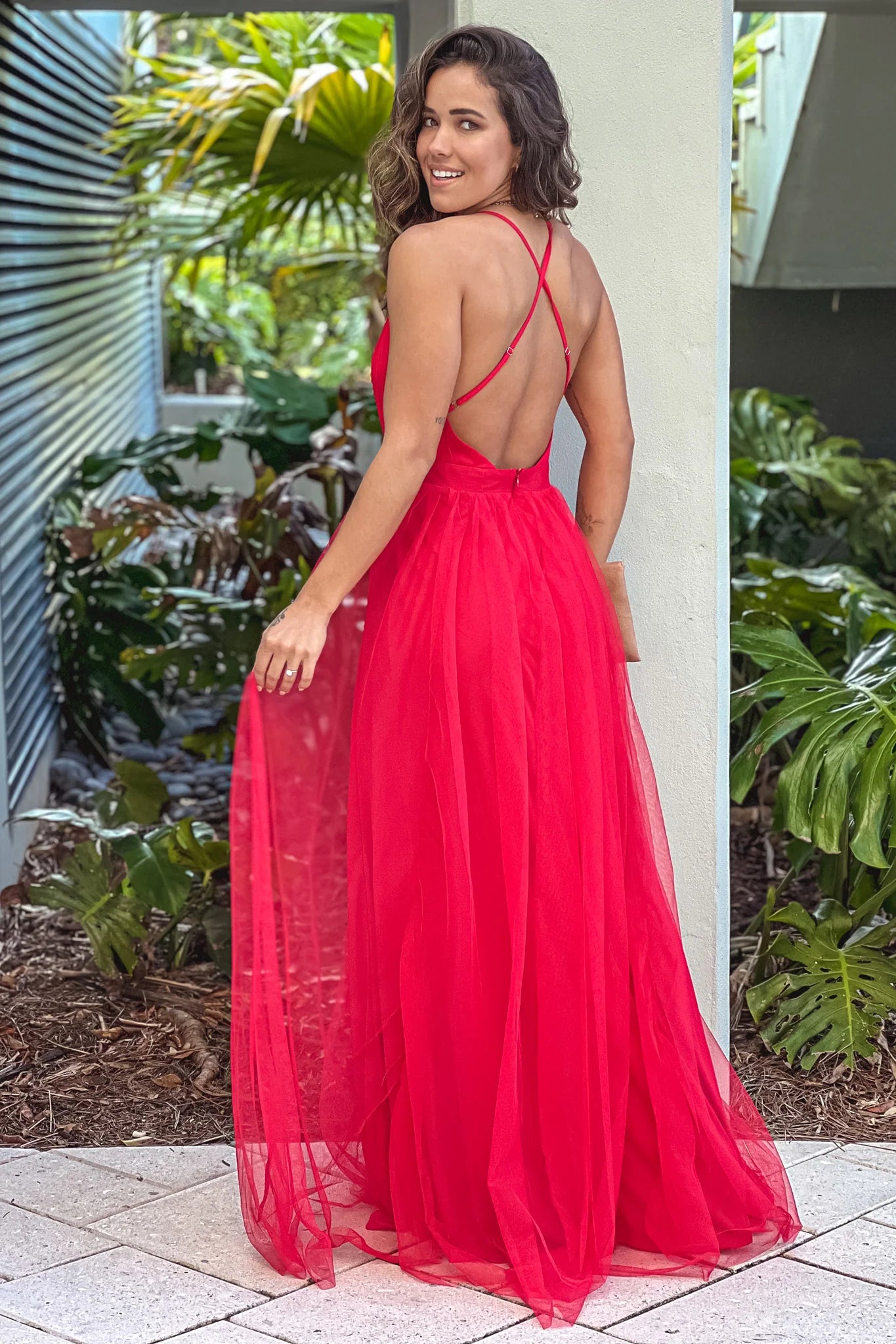 Red Mesh V Neck Maxi Dress