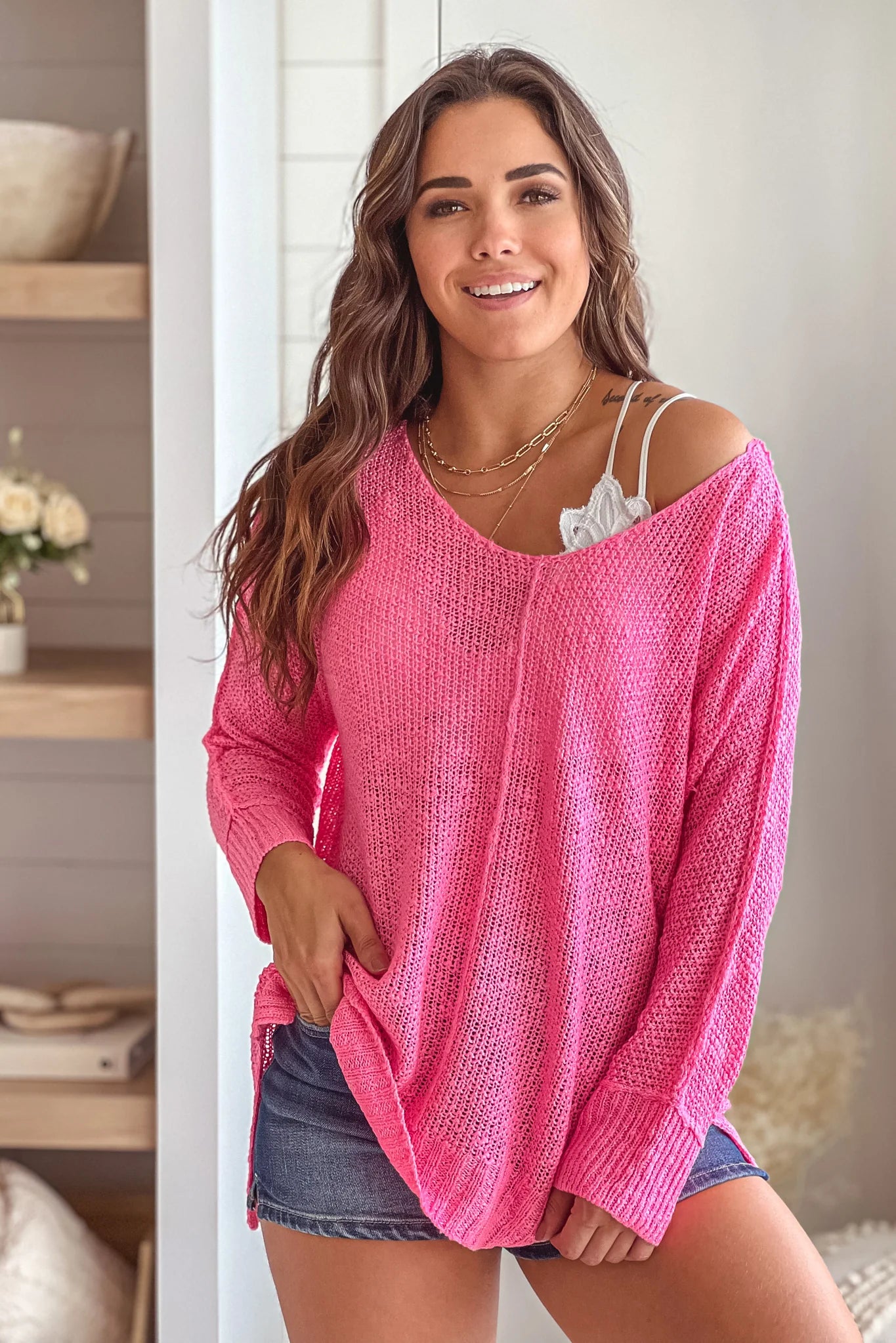 Neon Pink V Neck Knit Top With Long Sleeves