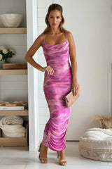 Pink Floral Mesh Ruched Dress