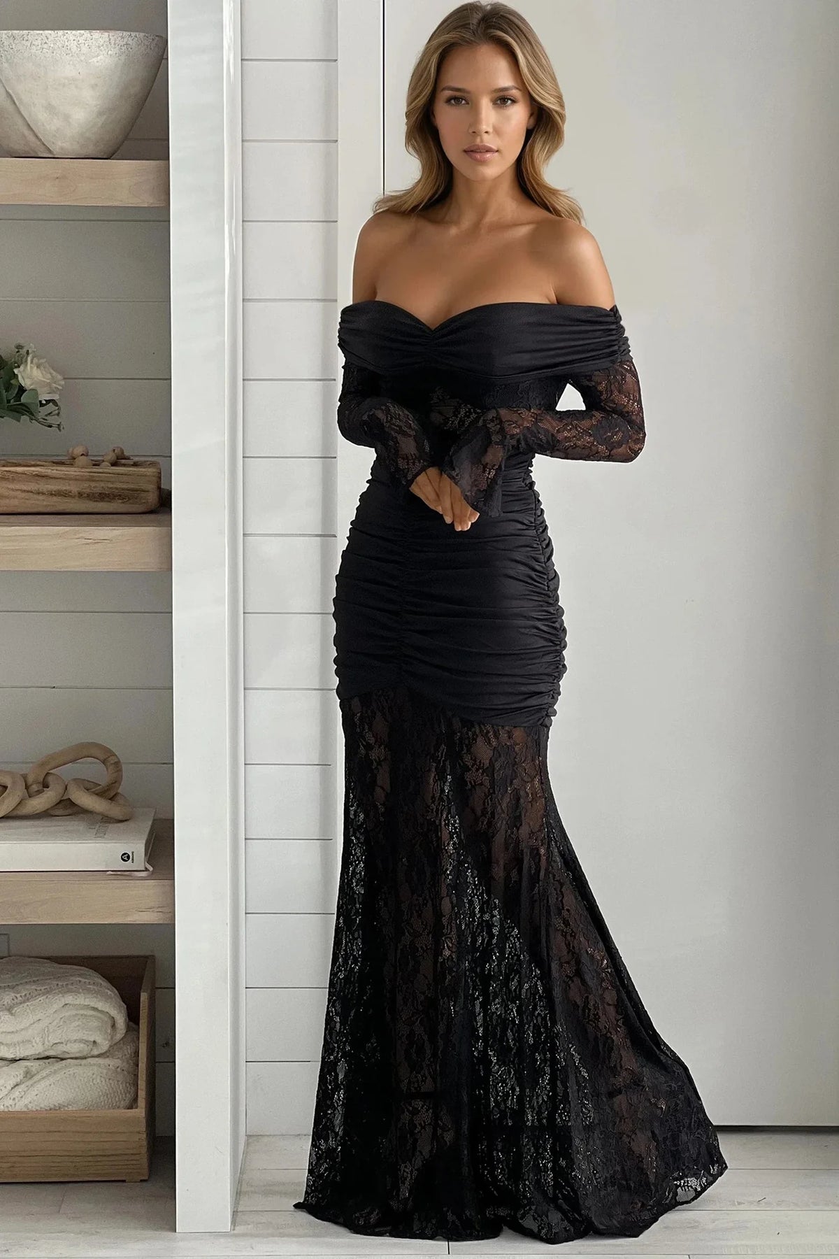 Black Lace Skirt And Sleeves Maxi Dress