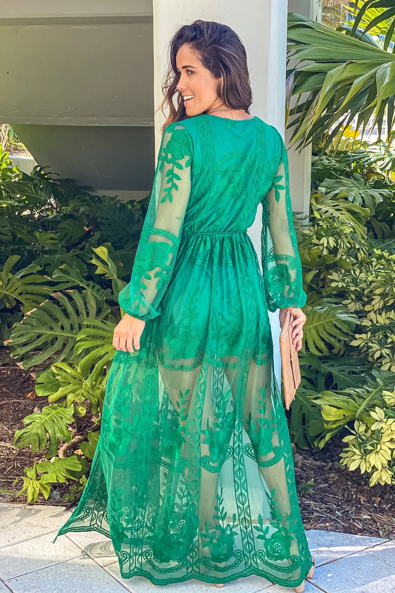 Hunter Green Lace Maxi Dress With Belt