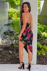 Black And Red Floral Asymmetrical Dress
