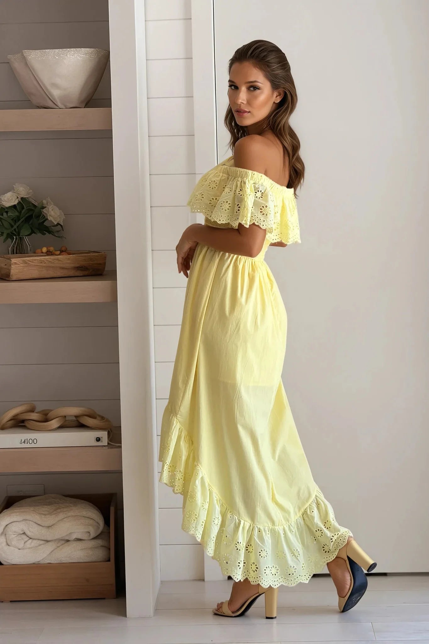Yellow Off Shoulder Smocked Dress