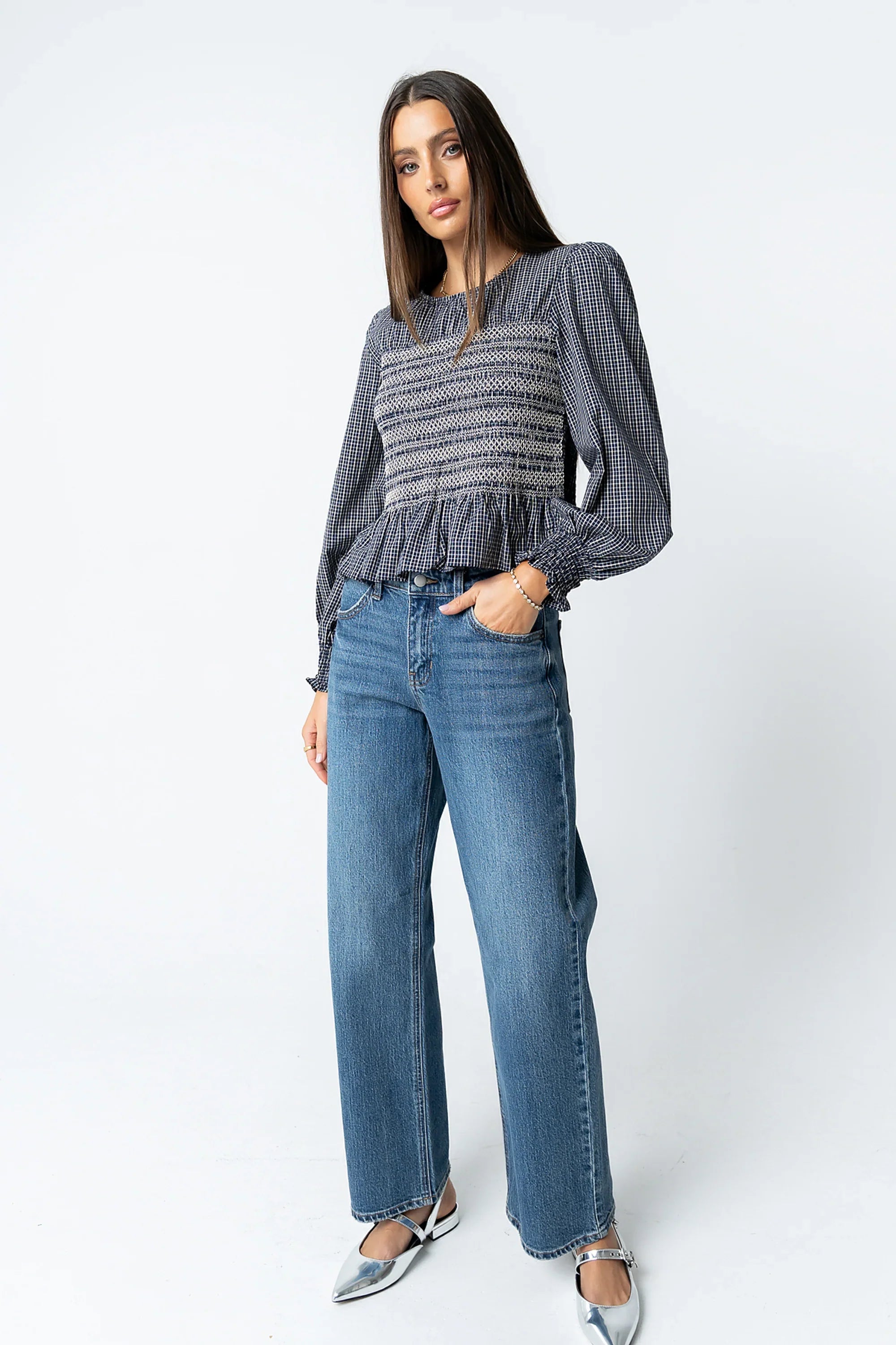 Kesley Smocked Blouse in Navy