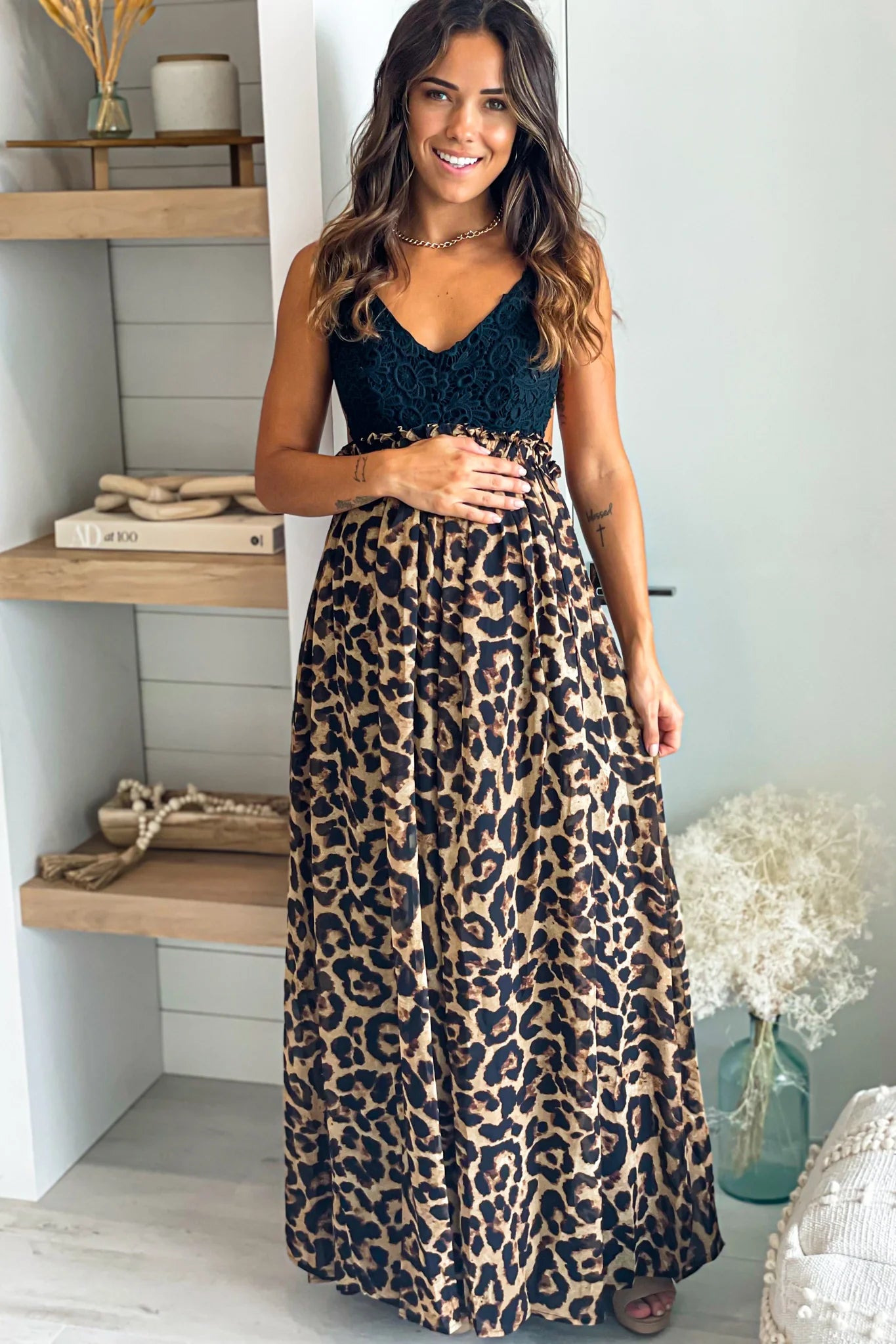 Leopard Maternity Maxi Dress with Black Crochet Top