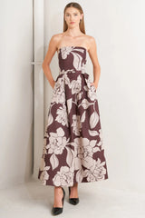VINTAGE BLOOM STRAPLESS BURGUNDY MIDI DRESS