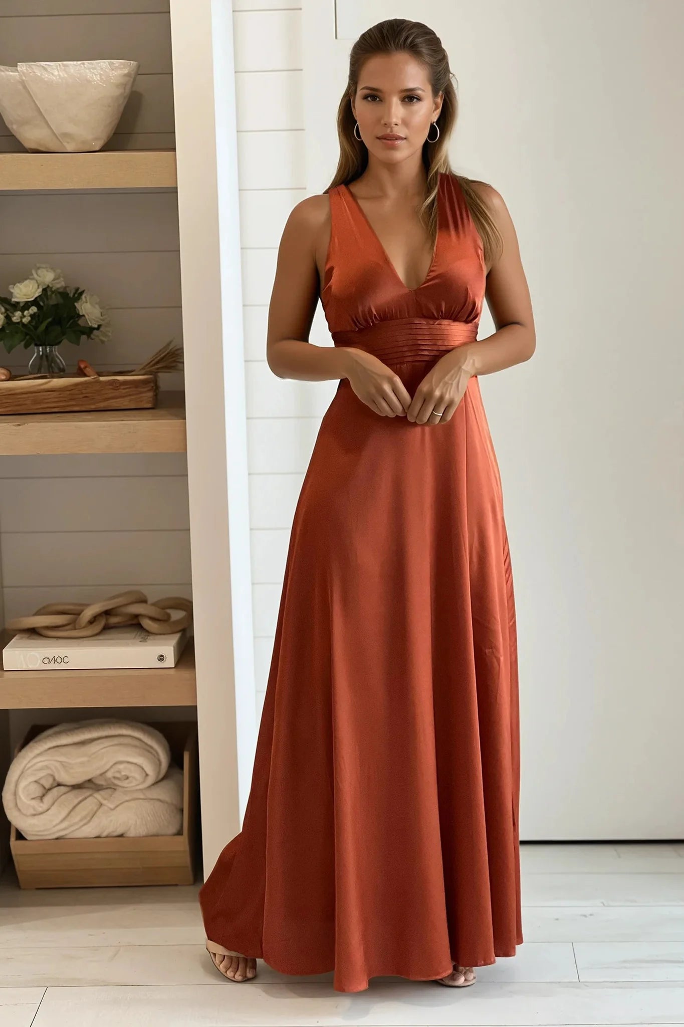 Brick V Neck Satin Maxi Dress