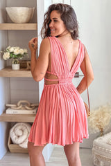 Melon V Neck Short Dress With Side Cutouts