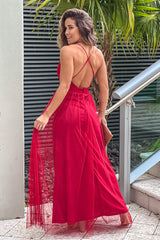 Burgundy Tulle V Neck Maxi Dress With Slits