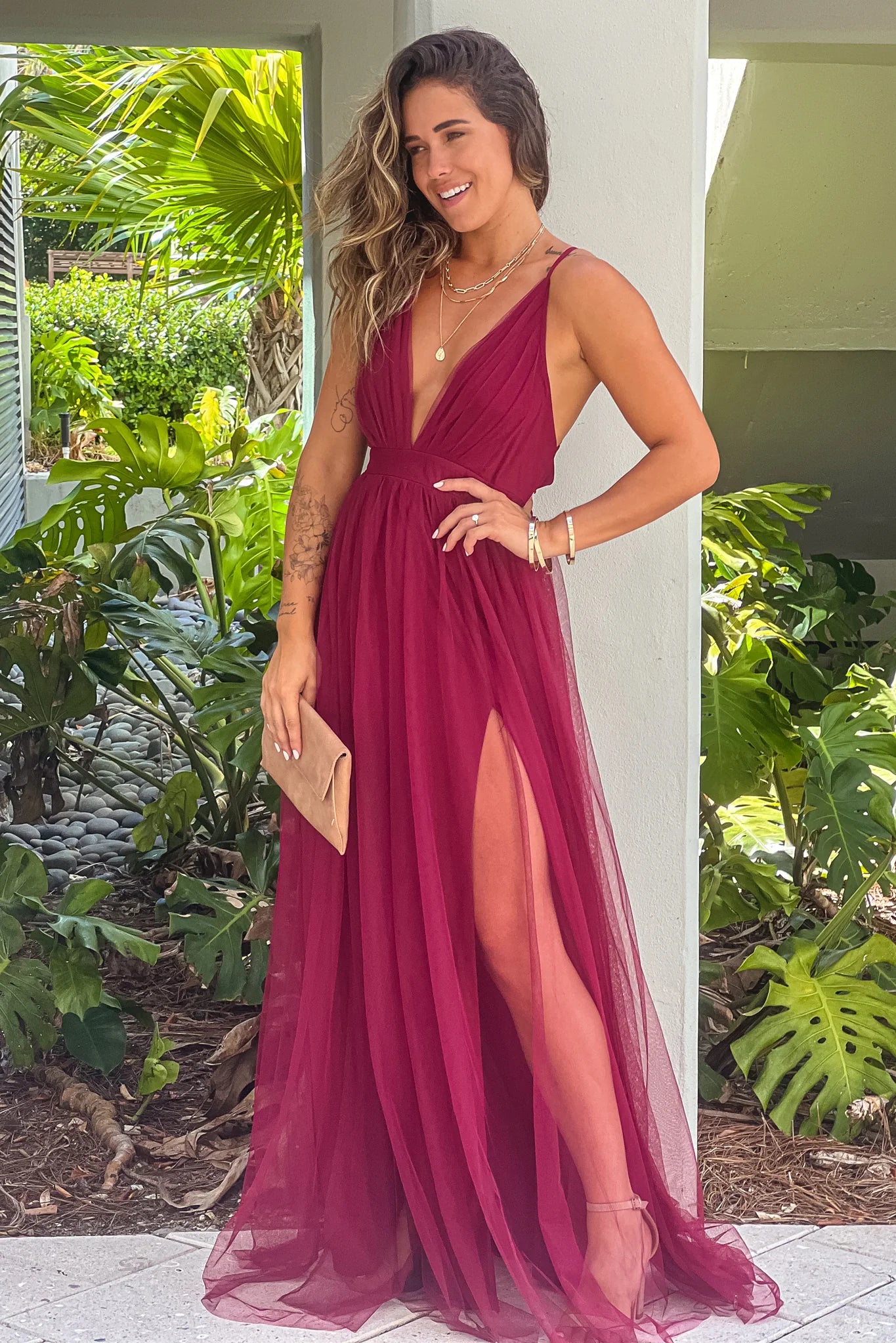 Wine Mesh V Neck Maxi Dress