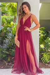 Wine Mesh V Neck Maxi Dress