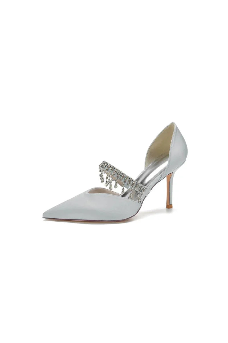 Cocktail Pointed Toe Crystal Tassel Buckle Strap Heels