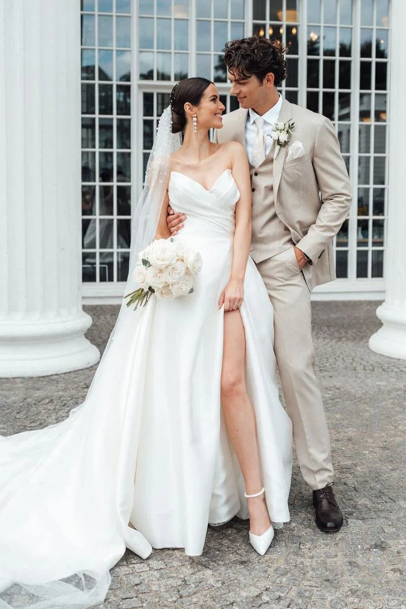Elegant A Line Strapless White Satin Wedding Dresses With Slit