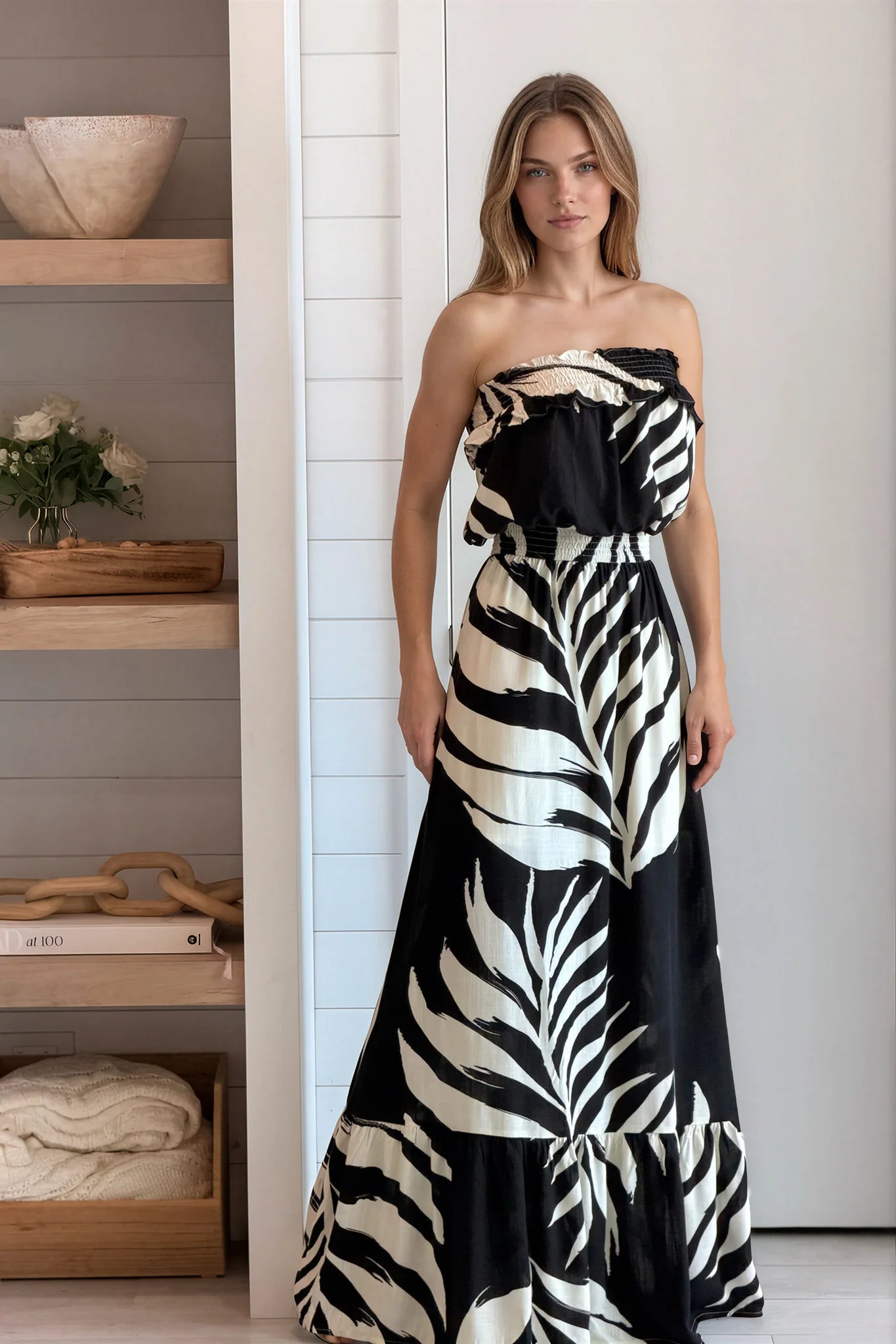 Black Leaf Print Maxi Dress
