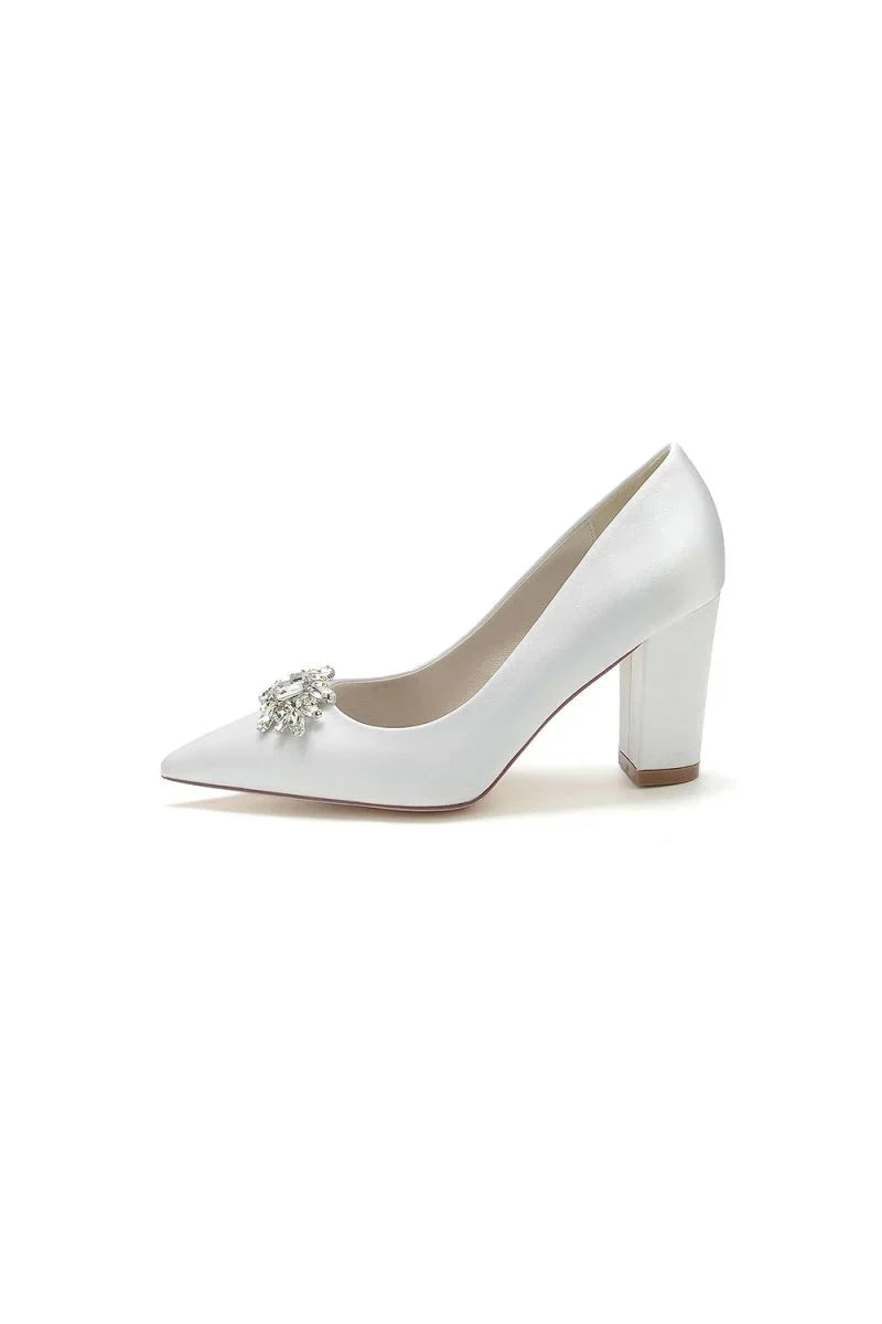 Pointed Toe Chunky Heels with Rhinestone