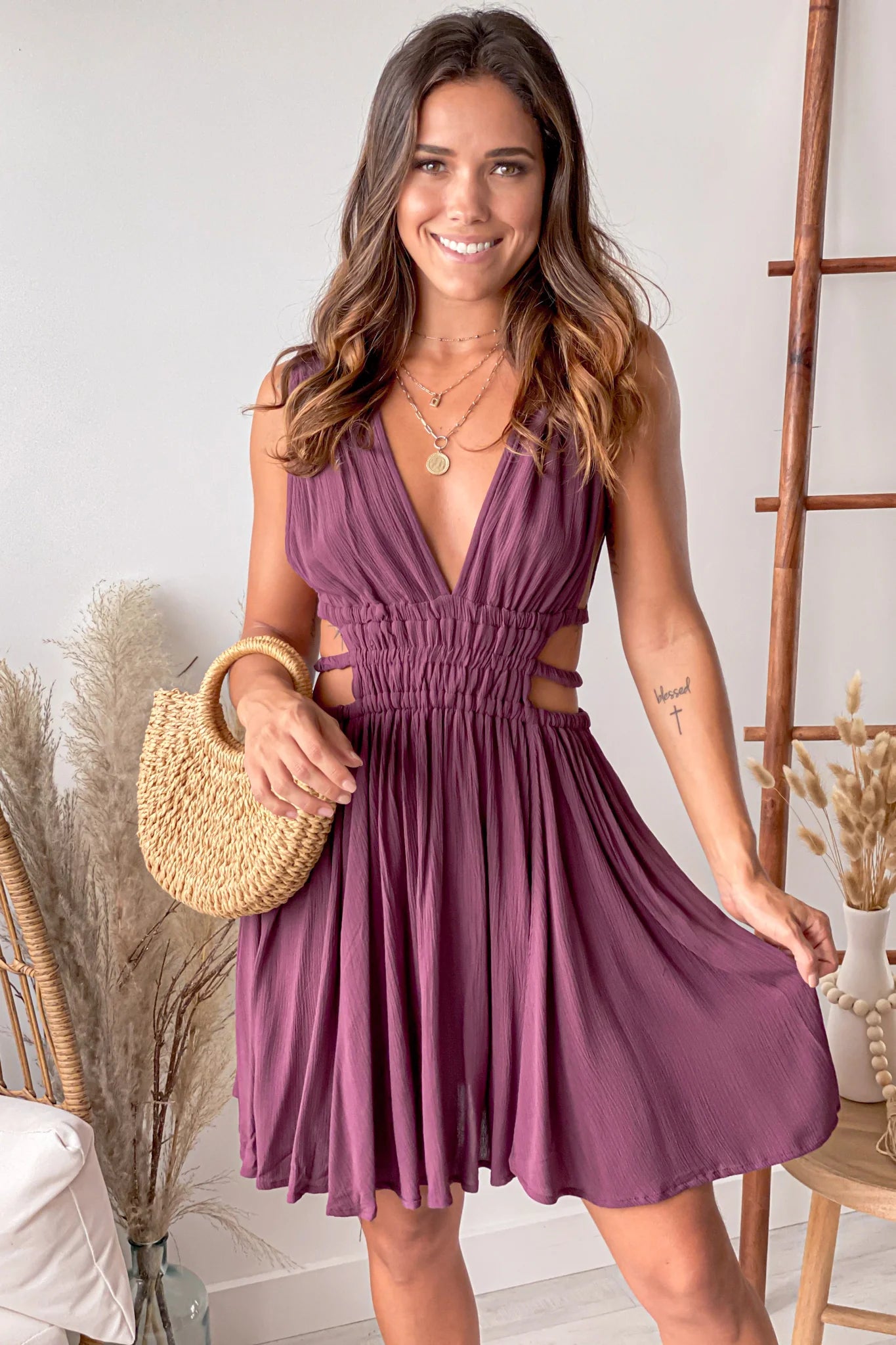 Wine V Neck Short Dress With Side Cutouts