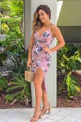 Mauve Floral Midi Dress With Slit