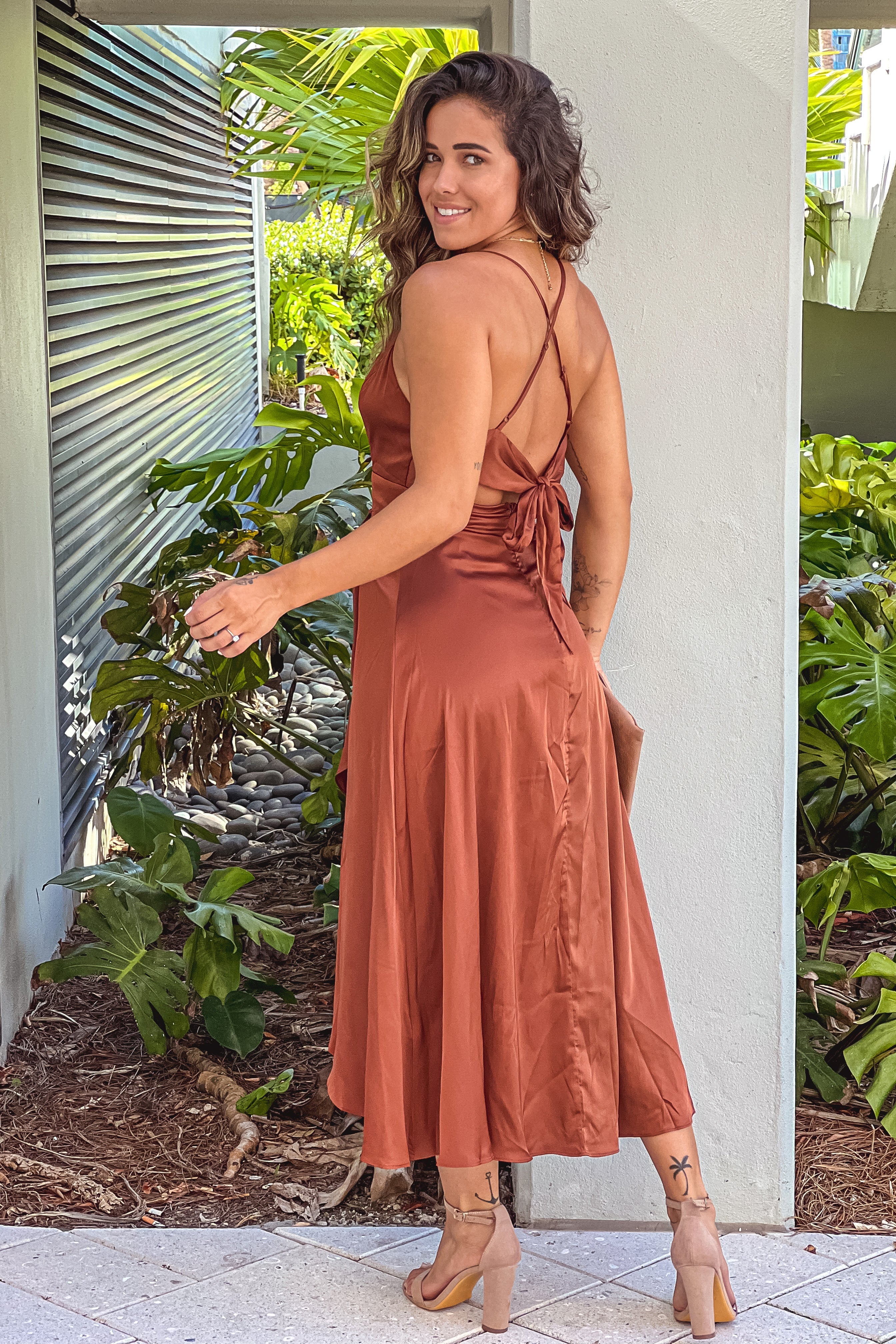 Brown Satin High Low Dress With Criss Cross Back