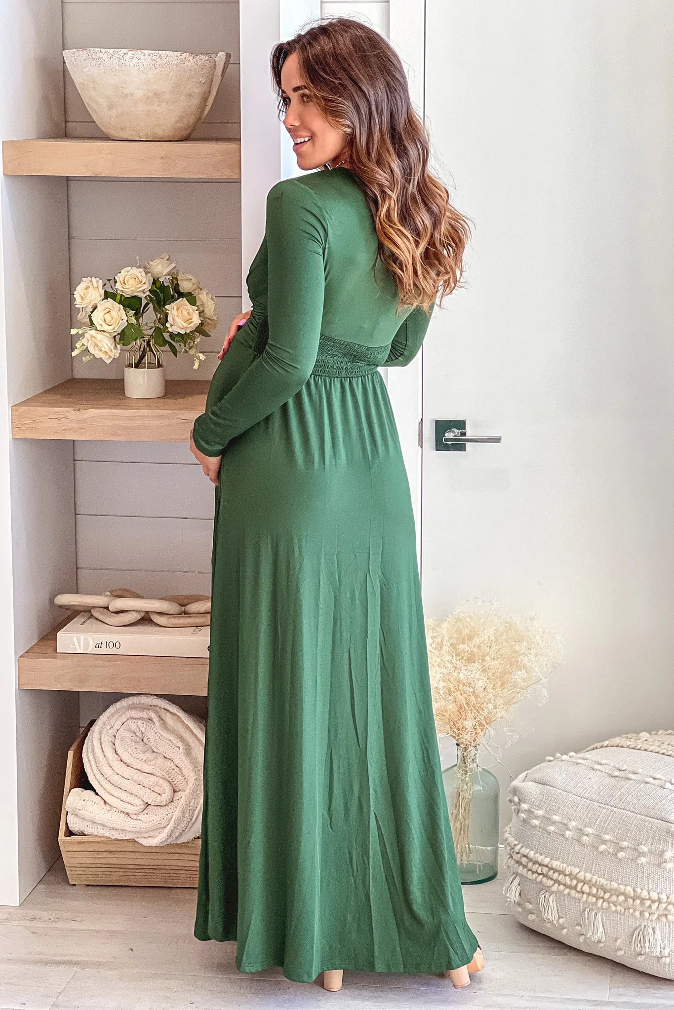 Hunter Green Maternity Maxi Dress with Long Sleeves
