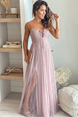 Mauve Tulle Maxi Dress With Front Tie