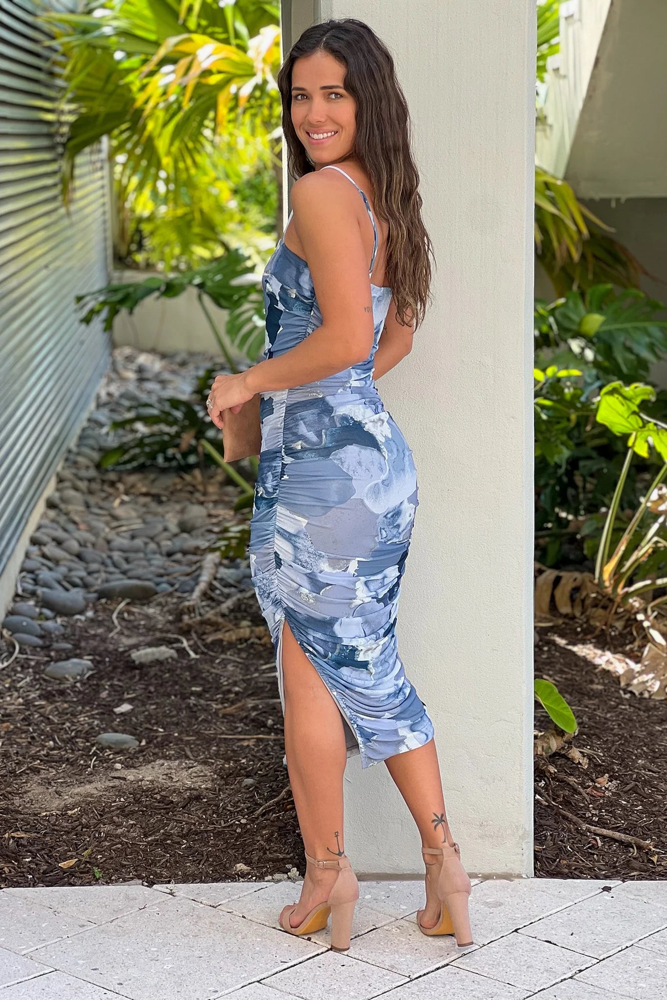 Blue Floral Ruched Dress With Side Slit