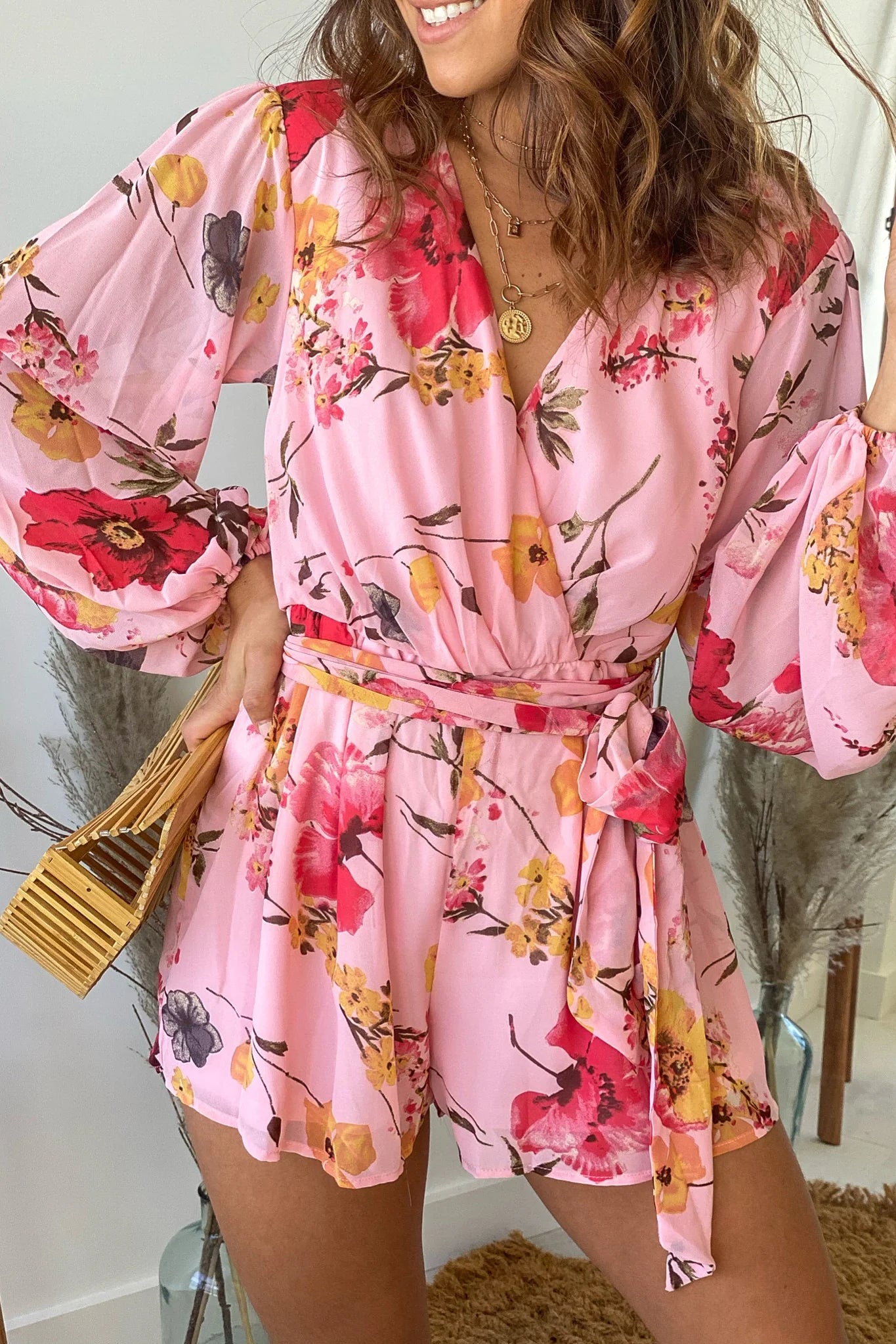 Pink Floral Long Sleeve Romper