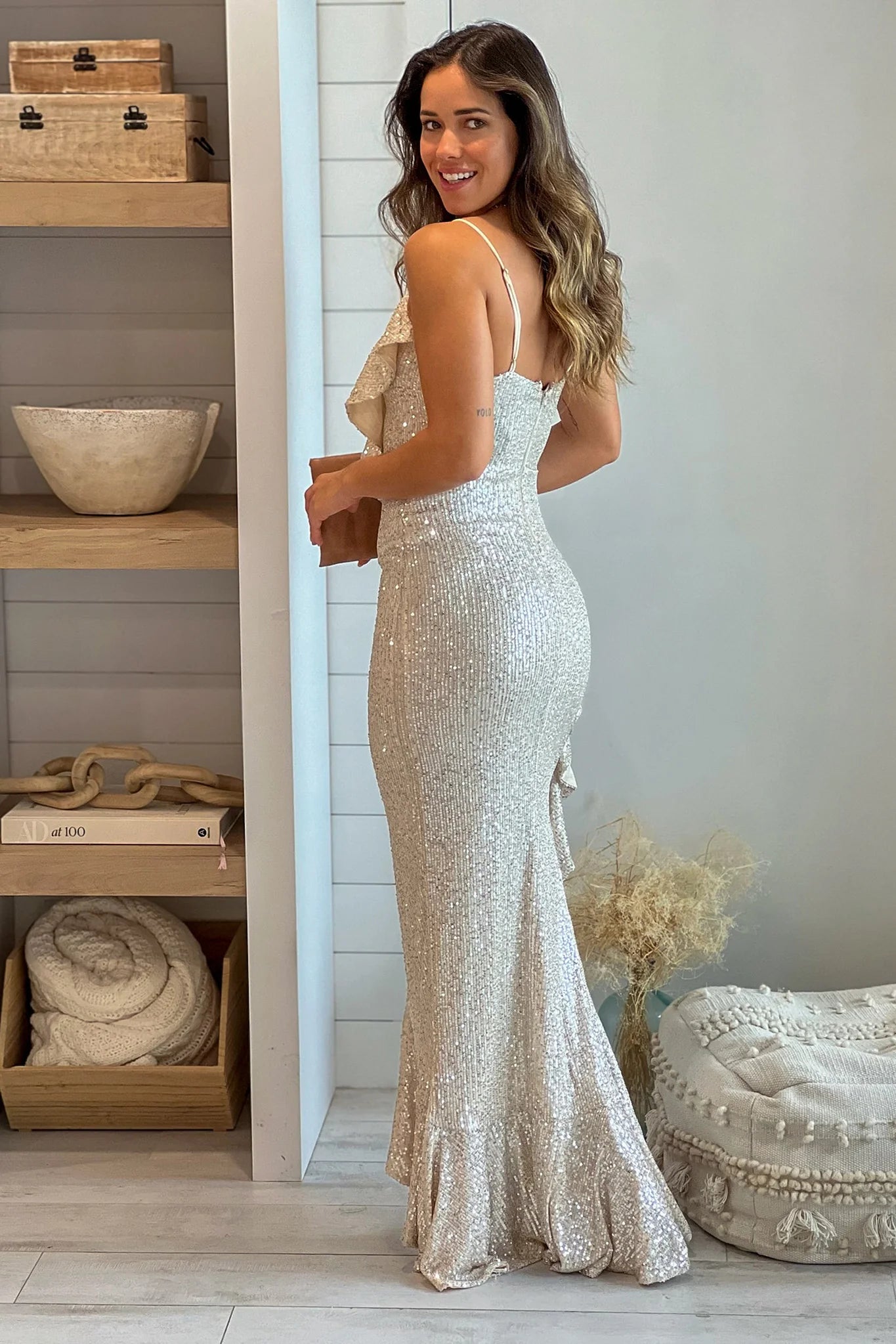 Champagne Sequin Ruffled Maxi Dress