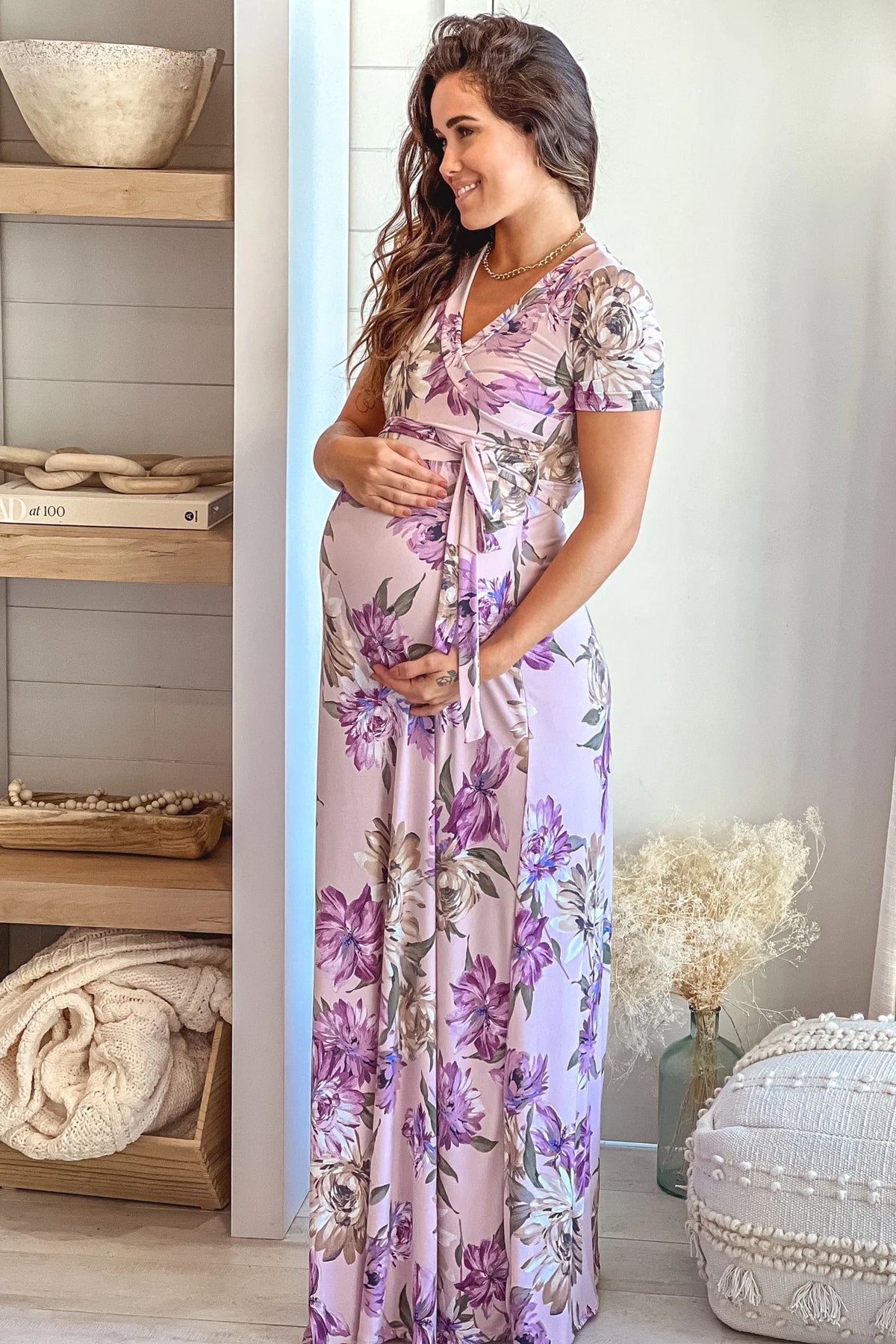 Lavender Floral Maternity Maxi Dress with Self Tie