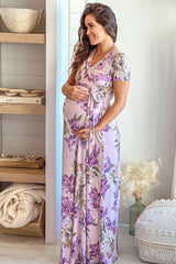 Lavender Floral Maternity Maxi Dress with Self Tie
