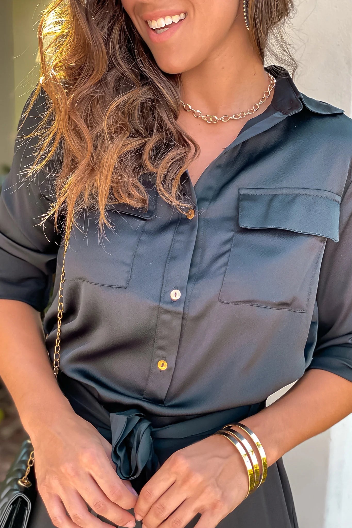 Black Button Down Satin Shirt Long Dress