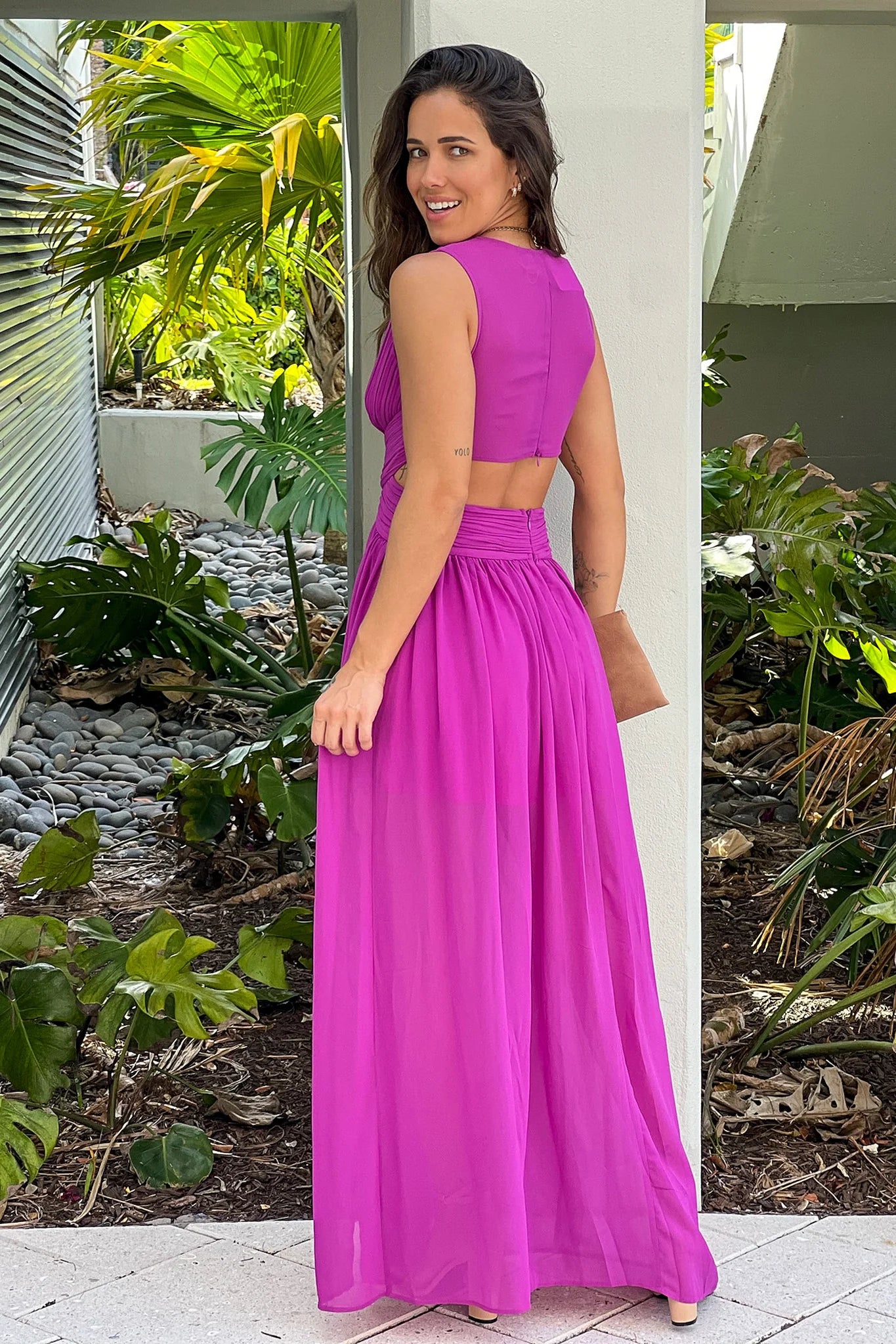 Orchid V Neck Maxi Dress With Slit And Pleated Top Detail