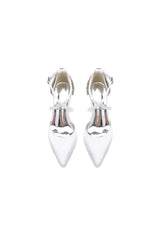 White Satin Pump with Cross Strap and Metal Accent
