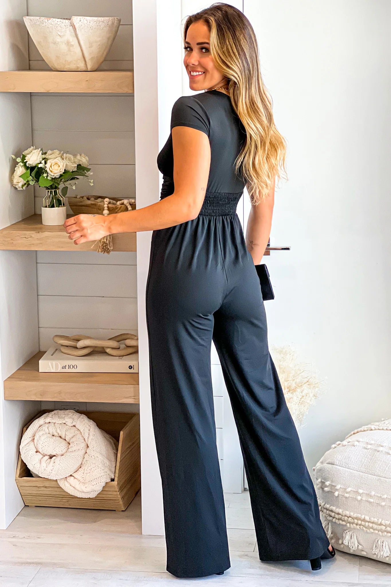 Black V Neck Jumpsuit With Short Sleeves