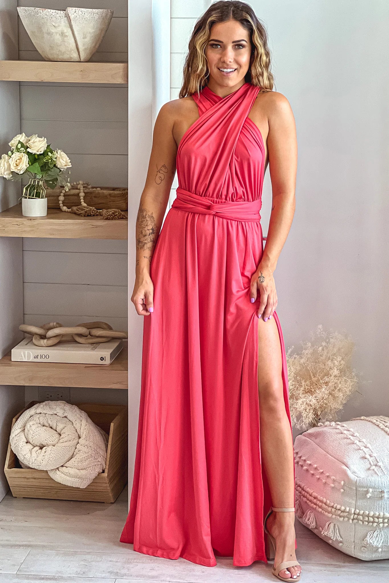 Rose Multi Tie Maxi Dress With Slit