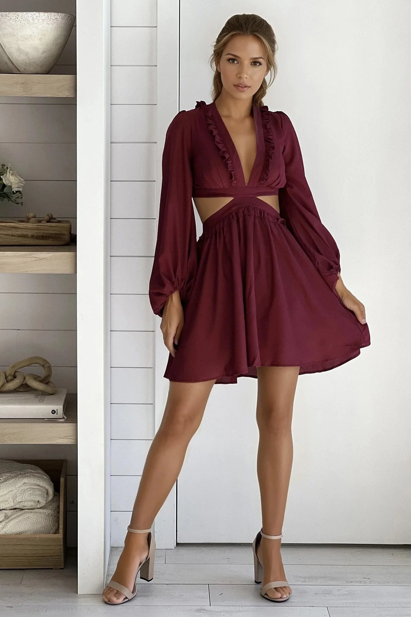 Burgundy Lace Up Back Mini Dress