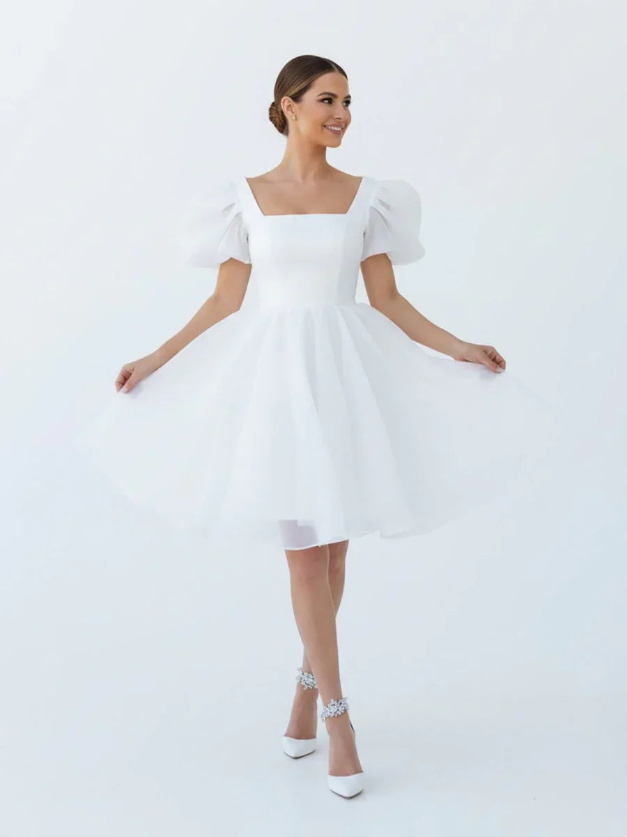 A Line Square Neck Short Wedding Dress With Puffy Pearls Sleeves