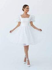 A Line Square Neck Short Wedding Dress With Puffy Pearls Sleeves