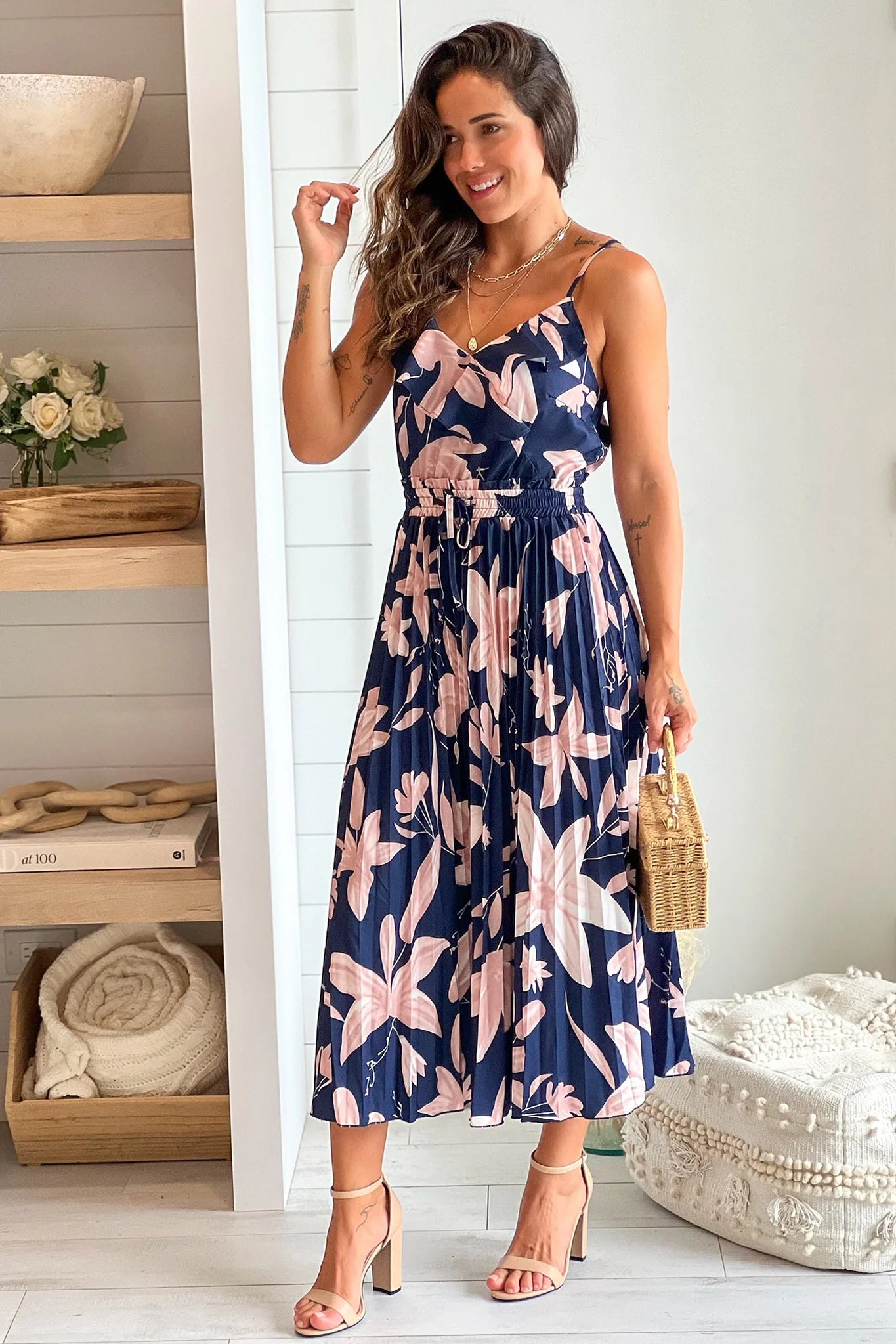 Navy Printed Pleated Midi Dress