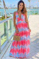 Coral And Blue Printed Maxi Dress