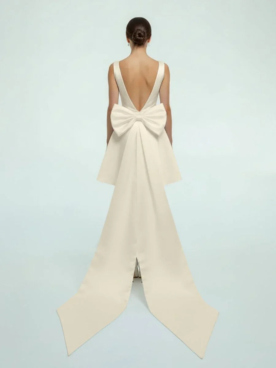 A Line Satin V Neck Short Wedding Dress with Large Bow