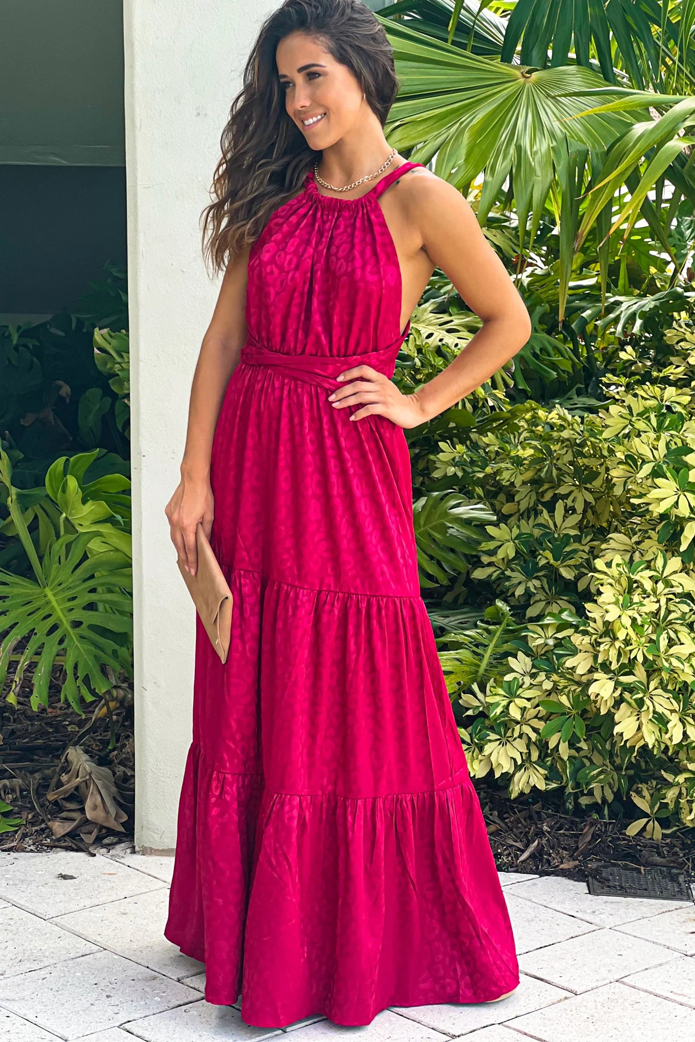 Burgundy Animal Print Satin Maxi Dress With Open Back