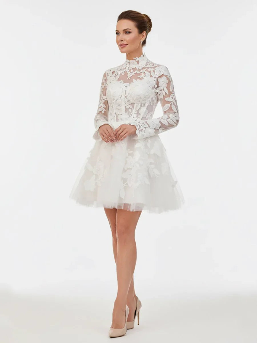 Short White A Line Illusion Neck Long Sleeves Lace Wedding Dresses