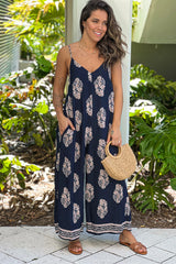 Navy Printed V Neck Jumpsuit