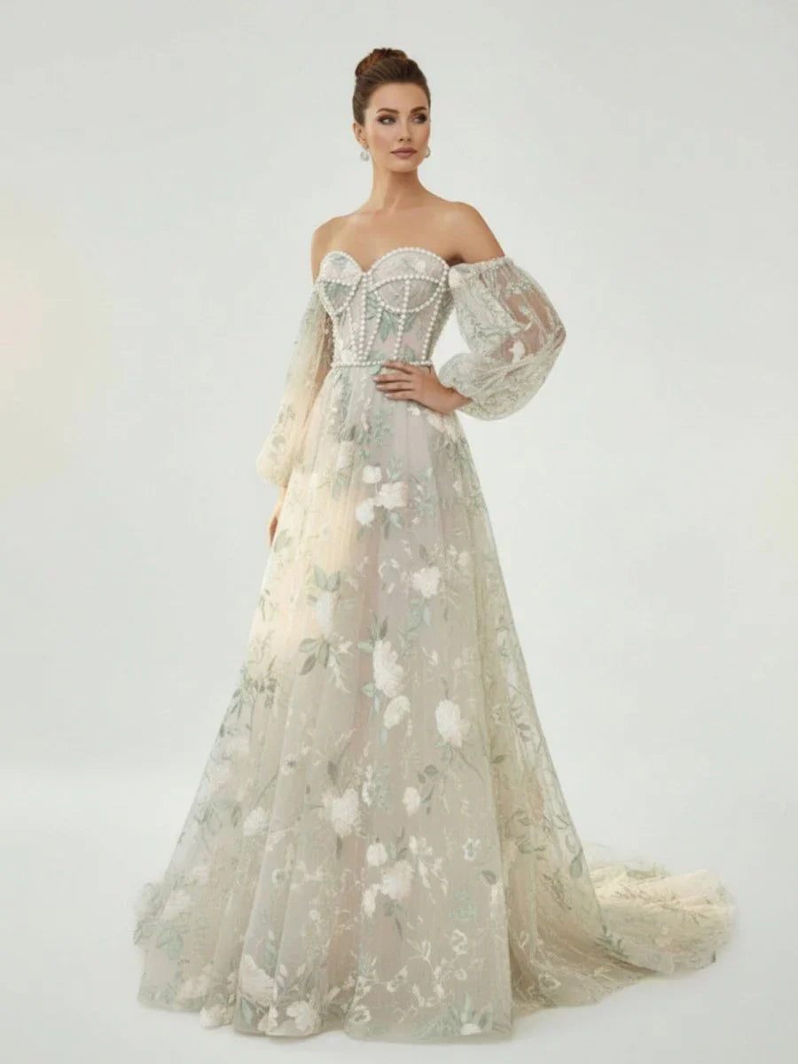 A Line Light Green Sweetheart Pearl Wedding Dress