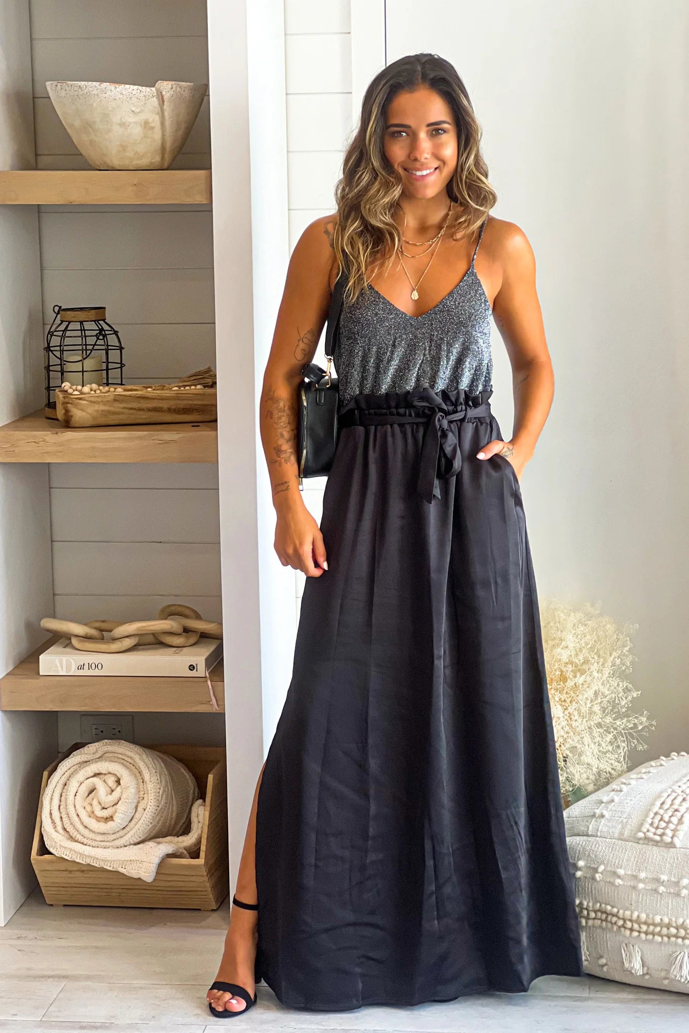 Black Maxi Dress With Silver Sequin Top