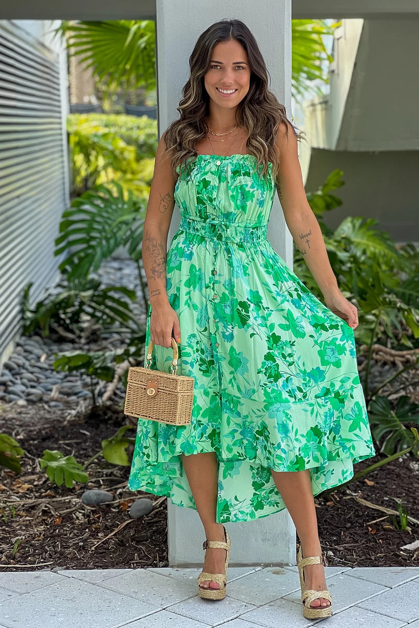 Green Floral Print High Low Dress