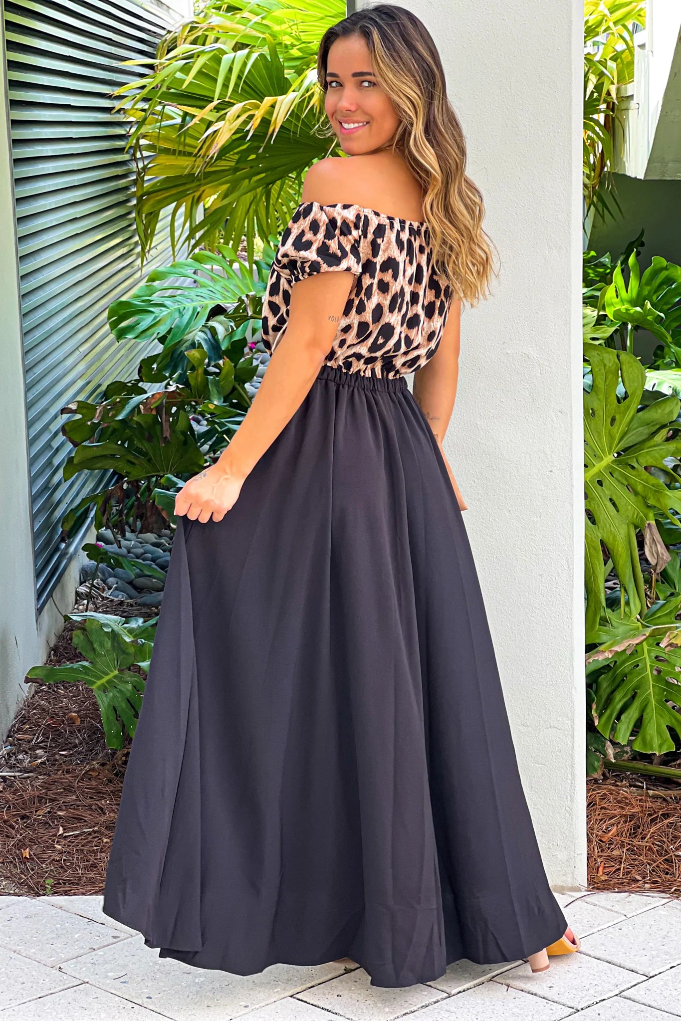 Black And Leopard Off Shoulder High Low Dress